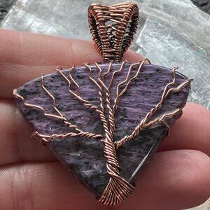Copper Wire Wrapped Tree Of Life Charoite Crystal Pendant